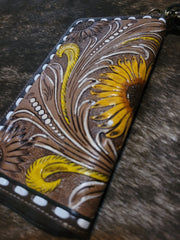 RADIANT SUNFLOWERS HAND-TOOLED CLUTCH WALLET